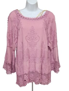 Democracy Embroidered Crochet Lace Boho Blouse Top 3/4 Bell Split Sleeves Pink M